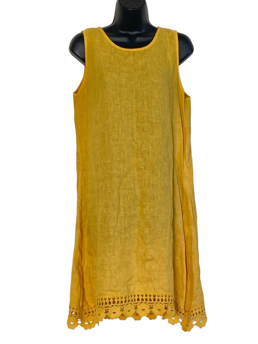 Terzo Millennio Italy Gold Yellow 100% Linen Crochet Trim Shift Midi Dress Sz S
